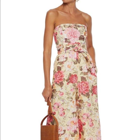 Woman Honour Cropped Strapless Floral-Print Linen Wide-Leg Jumpsuit Size